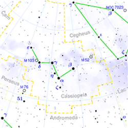 Рассеянное скопление M103 находится в Созвездии Кассиопея