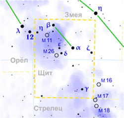 Рассеянное скопление M26 находится в Созвездии Щита