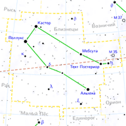 Рассеянное скопление M35 находится в Созвездии Близнецов