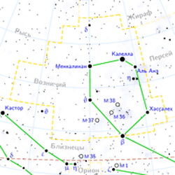 Рассеянное скопление M36 находится в Созвездии Возничего