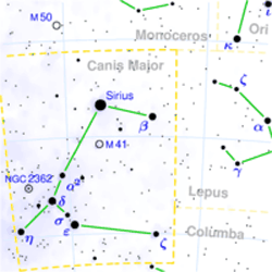 Рассеянное скопление M41 находится в Созвездии Большого Пса