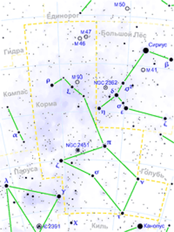Рассеянное скопление M47 находится в Созвездии Кормы