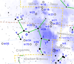 Шаровое скопление M70 находится в Созвездии Стрельца
